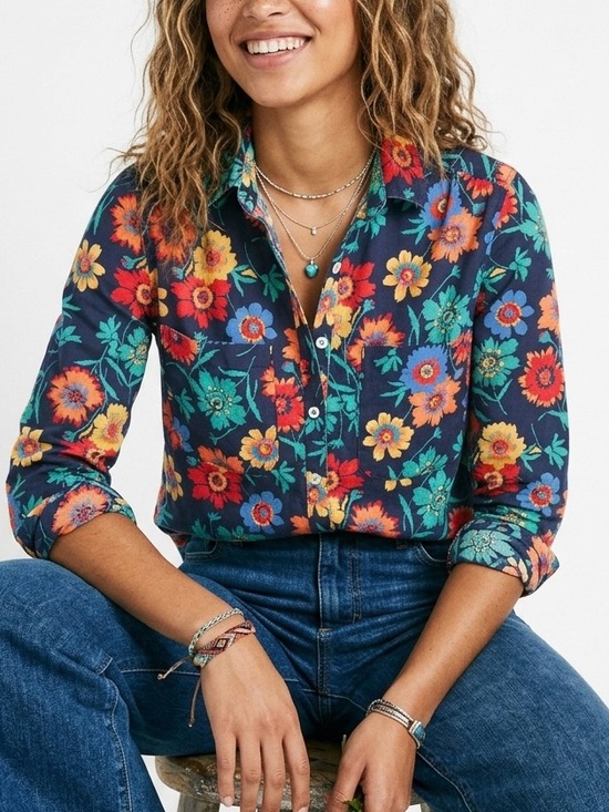 Overland Tops - Overland Helen Floral Lyocell Button Down Shirt - Boho Artsy Utility Top XS